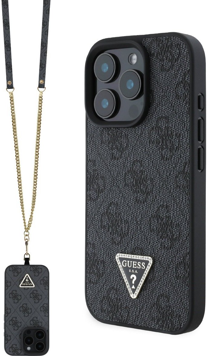 Custodia iPhone 15 Pro Max Guess 4G Strass Triangle Metal Logo - Nero