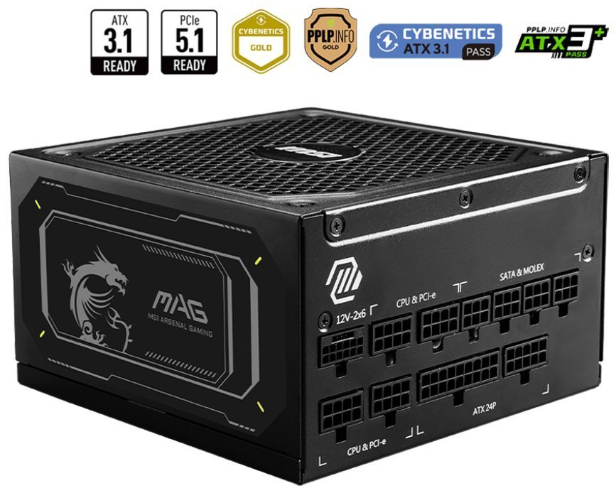 MSI zdroj MAG A1000GL PCIE5 II/ 1000W/ ATX3.1/ akt. PFC/ 7 let celk. záruka/ 135mm fan/ modulární kabeláž/ 80PLUS Gold 306-7ZP9D11-CE0