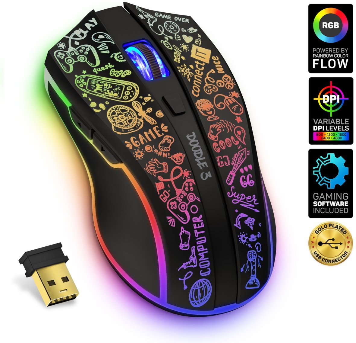 Connect IT Doodle 3, bezdrôtová herná myš, čierna CMO-3530-DD