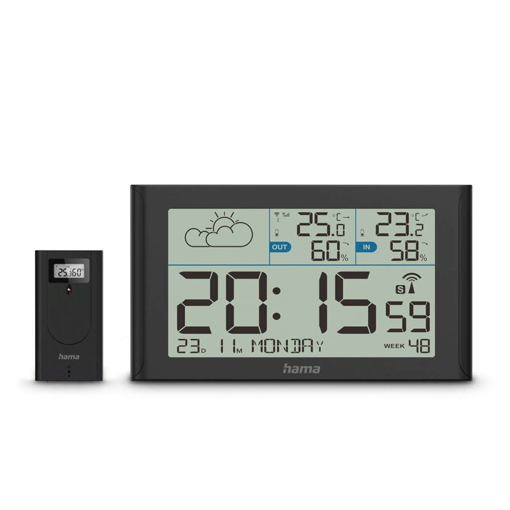 Hama Sylt, meteostanica, bezdrôtový senzor, DCF hodiny, teplota, vlhkosť, počasie, batérie, čierna 222216