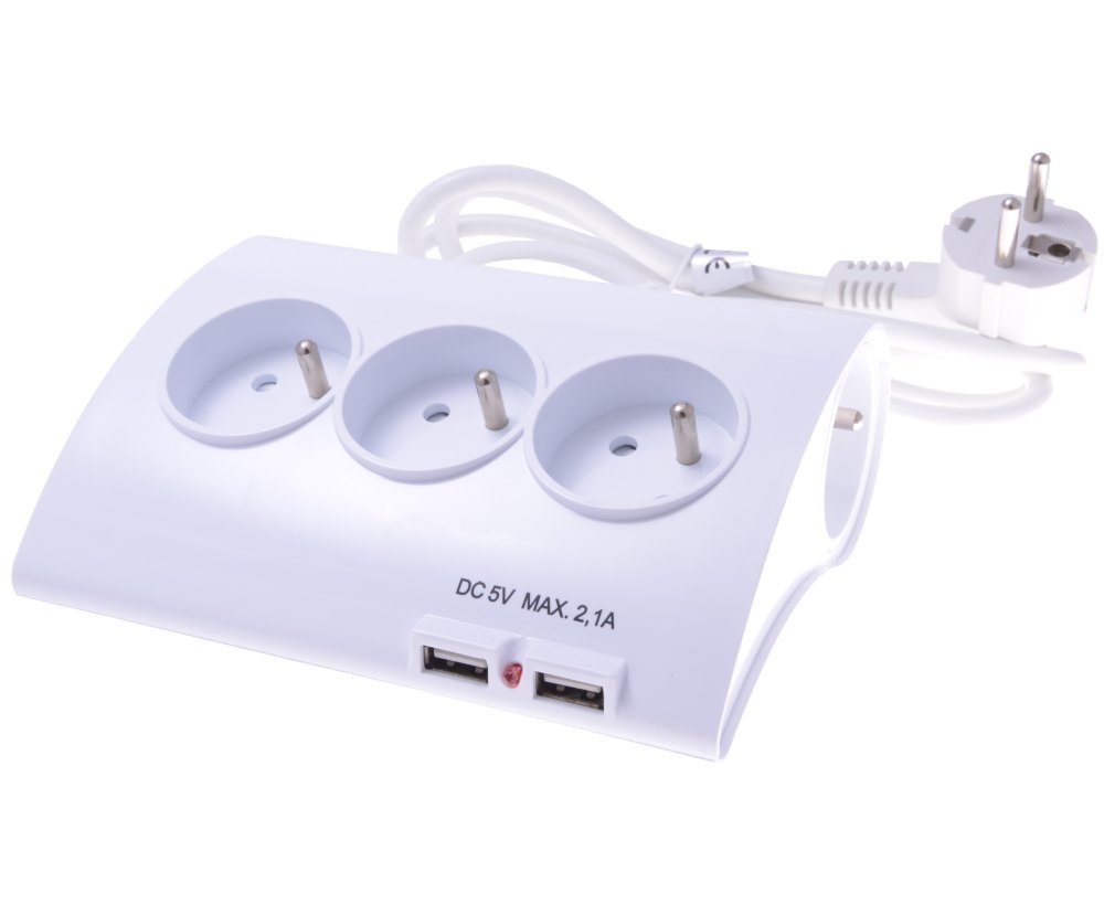 PremiumCord predlžovací kábel 230V 5x zásuvka +2x USB s vypínačom 1,5m biela 8592220017255