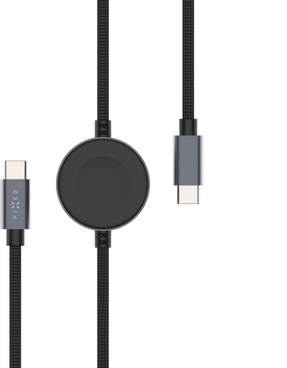 Fixed Power Watch Cable opletený kábel s konektormi USB-C/USB-C a Apple/Samsung Watch nabíjačkou, 1.5m, PD 60W, sivý FIXDB-CCW-GR
