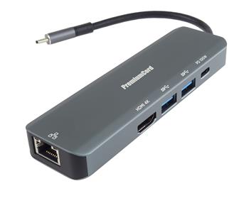 PremiumCord USB-C na HDMI + 2x USB3.2 + PD 100W+ RJ45 10/100/1000Mbps adaptér, (rozbalené) 8592220025533-ROZ
