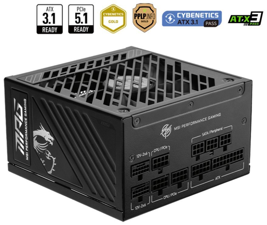 MSI zdroj MPG A1250GS PCIE5/ 1250W/ ATX3.1/ akt. PFC/ 10 let celk. záruka/ 135mm fan/ modulární kabeláž/ 80PLUS Gold 306-7ZPFX11-CE0